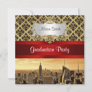 NY City Skyline Sepia B4 Damask Examen Invitation Inbjudningar