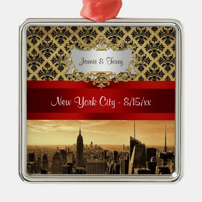 NY City Skyline Sepia B4 Damask Ornament (Framsidan)