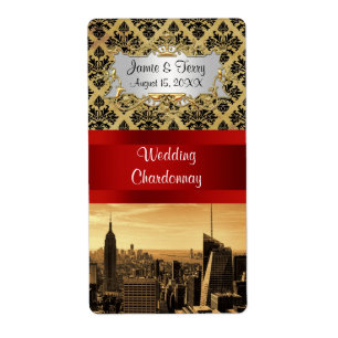 NY City Skyline Sepia B4 Damask Party Vin-etikett Fraktsedel