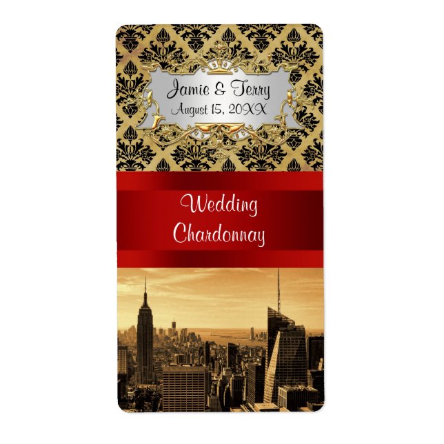 NY City Skyline Sepia B4 Damask Party Vin-etikett Fraktsedel (Framsidan)