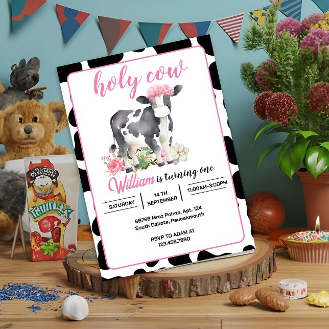 Ny Cute blommigt rosa Heliga Cow 1:a födelsedag Inbjudningar (Skapare uppladdad)