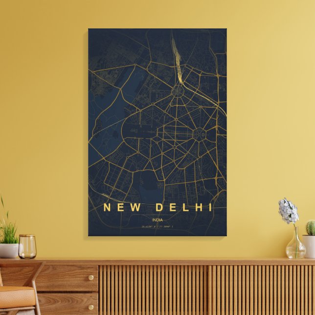 Ny Delhi Indien Stadskarta Minimal Design Canvastryck (Insitu (Vardagsrum))