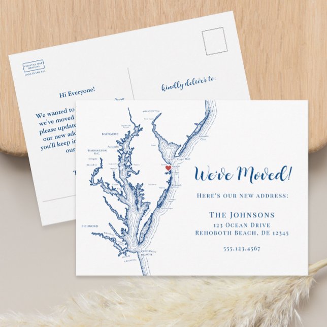 Ny Flytta för hemrehoBåde Beach DE Karta Meddelande Vykort (Rehoboth Beach Delaware moving announcement change of address postcard from Coastal Map Designs)
