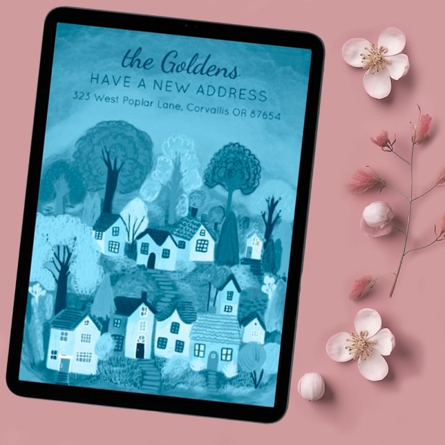 Ny Flytta i Adress  Cute Land Village Art Inbjudningar (New home address announcement cute card - available as digital download send via email save postage)