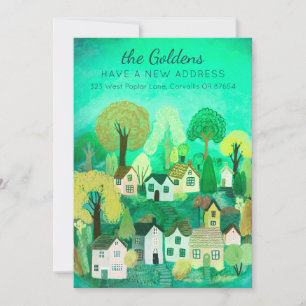 Ny Flytta i Adress Cute Land Village Art Inbjudningar