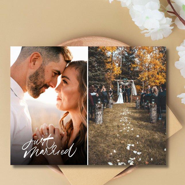 Ny gifta 2 Photo Bröllop Tack Vykort (Just Married Two Photo Wedding Thank You Postcard)