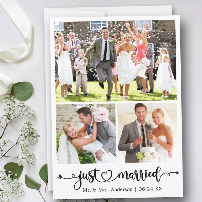 Ny gifta 3 Photo Calligraphy Heart Bröllop Meddelande (Customize to change your personalized text size, text style or to add text to back of card.)