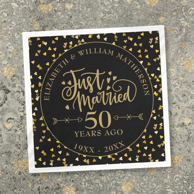 Ny gifta 50-årsdagen för Svarta havet och Guld Pappersservett (Just Married 50th Anniversary Black And Gold Napkins)