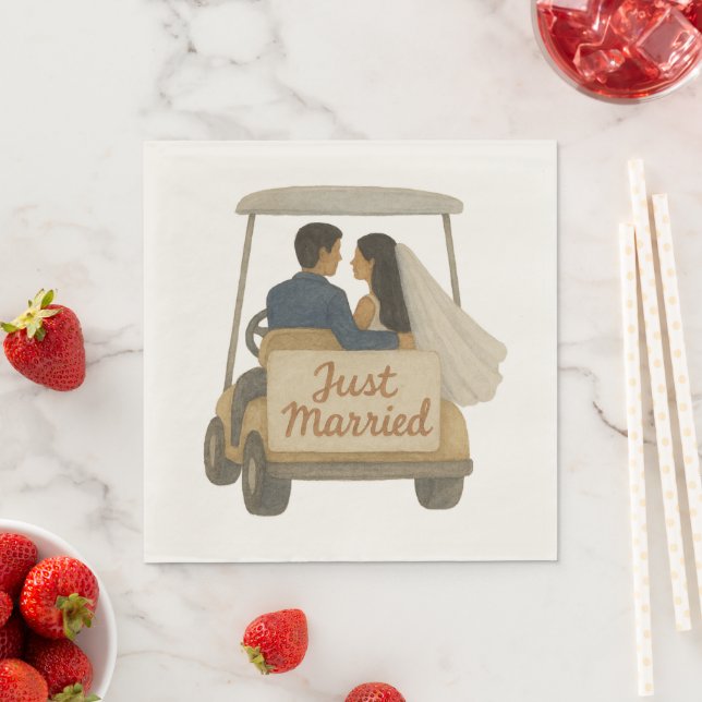 "Ny gifta" Bride and Groom in a Golf Cart Pappersservett (Insitu)