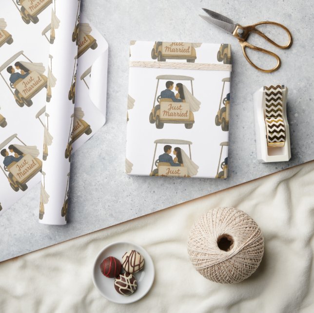 "Ny gifta" Bride and Groom in a Golf Cart Presentpapper (Hantverk)