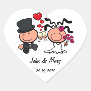 Ny gifta bröllop, tecknad Sticker Hjärtformat Klistermärke
