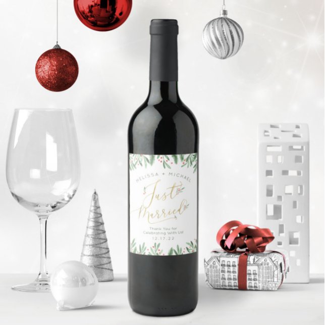 Ny gifta Elegant Typografi jul Bröllop Vinflaska Etikett (Personalized Festive "Just Married" Christmas Wedding Wine Labels with Elegant Typography)