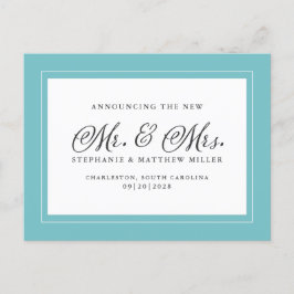 Ny gifta Elopement Aqua Grönt White Elegant Inbjudan Vykort