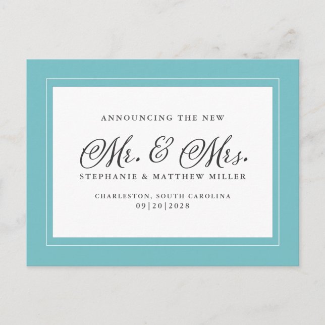 Ny gifta Elopement Aqua Grönt White Elegant Inbjudan Vykort (Framsida)