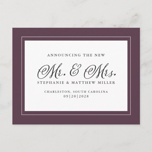 Ny gifta Elopement Lila Elegant Inbjudan Vykort (Framsida)