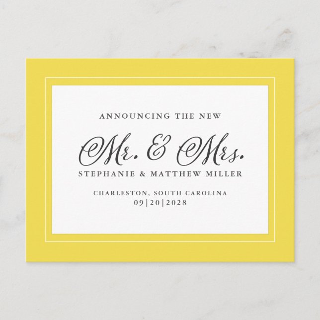Ny gifta Elopement Trendig Gult White Elegant Inbjudan Vykort (Framsida)