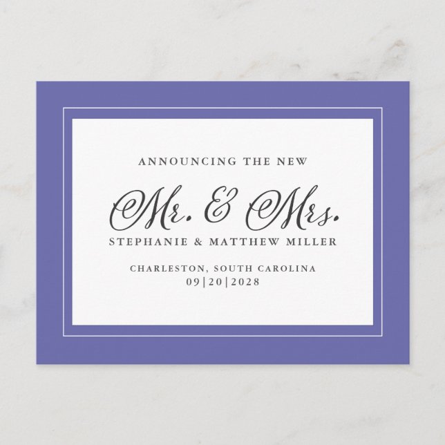 Ny gifta Elopement White Elegant Periwinkle Inbjudan Vykort (Framsida)