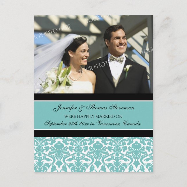 Ny gifta-meddelande om vykort för foto Teal (Framsida)