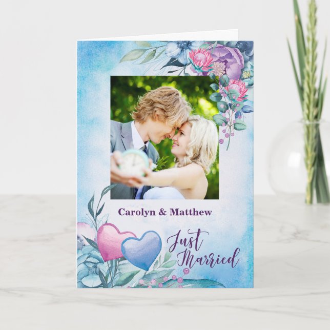 Ny gifta Photo Announcement Lila och Blue Meddelande (Framsida)