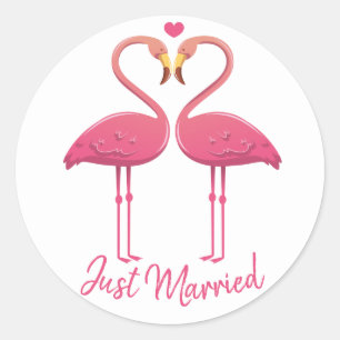 Ny gifta Rosa Flamingo Tropical Beach Wedding Runt Klistermärke
