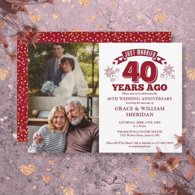 Ny gifta Ruby 40:e Bröllop-årsdagen 2 foto Inbjudningar (Just Married Ruby 40th Wedding Anniversary 2 Photo Invitation)
