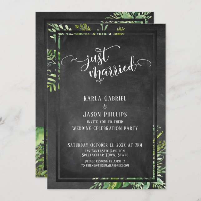 Ny gifta Script Greenery Bouquet & Chalkboard Inbjudningar (Fram/baksida)