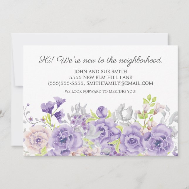 Ny granne introduktion Lila akvarell blommig Meddelande (Framsida)