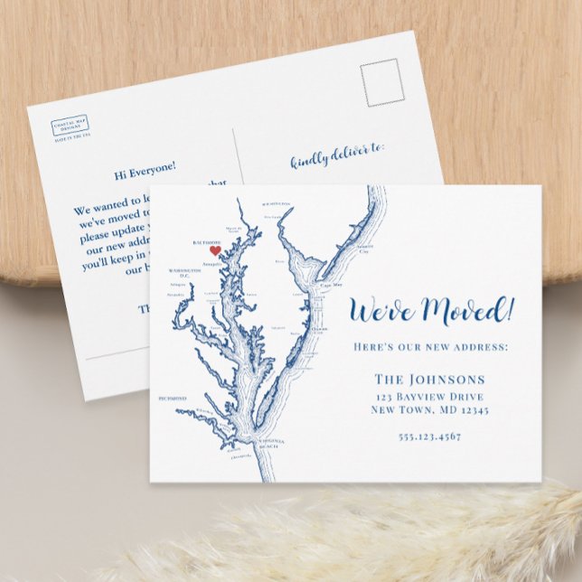Ny Hem Baltimore Maryland Karta Flyttar Meddelande Vykort (Baltimore MD Map We've Moved Moving Postcard with change of address from Coastal Map Designs)