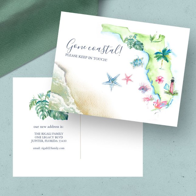 Ny hem Florida stat flyttar meddelande vykort (Florida moving announcement unique watercolor map art by Victoria Grigaliunas of Do Tell A Belle)
