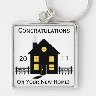 Ny hem- husnyckelring för grattis fyrkantig silverfärgad nyckelring