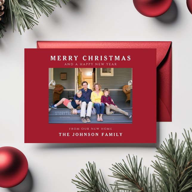 Ny Hem Jul Glad Jul Foto Semestervykort Julkort (New Home Red Merry Christmas Photo Holiday Card)