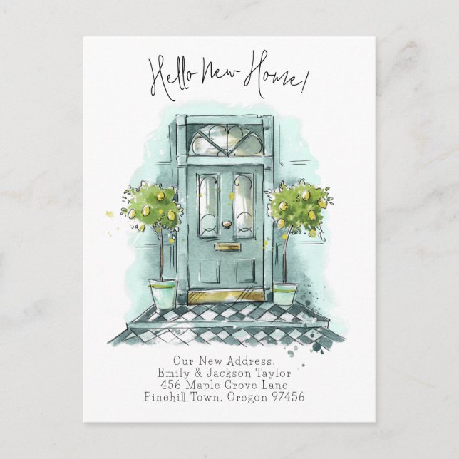 Ny Hem - Modern NyAdress Vattenfärg dörr Meddelande Vykort (Framsida)