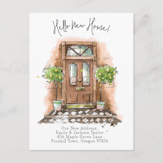 Ny Hem - Modern NyAdress Vattenfärg dörr Meddelande Vykort (Framsida)