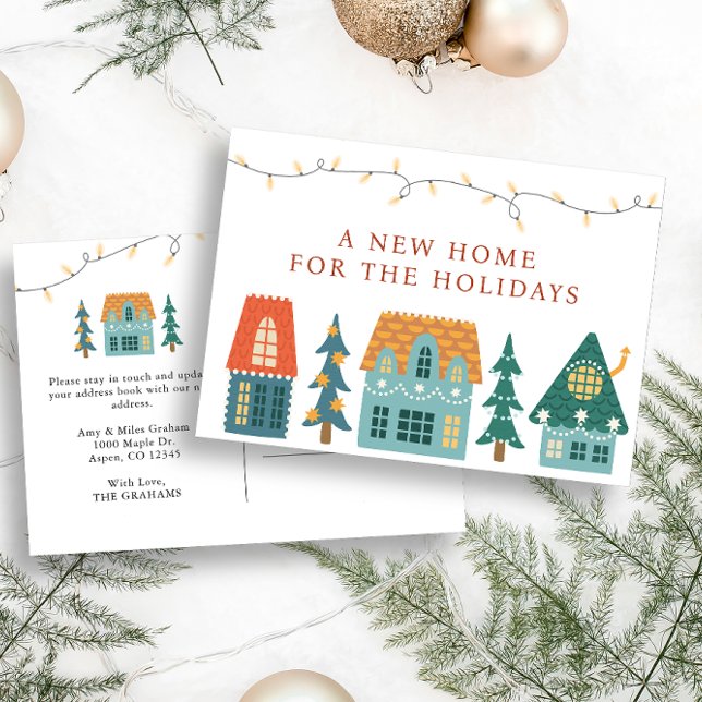Ny hem-semester vykort (A New Home For The Holidays Postcard with cute retro houses)