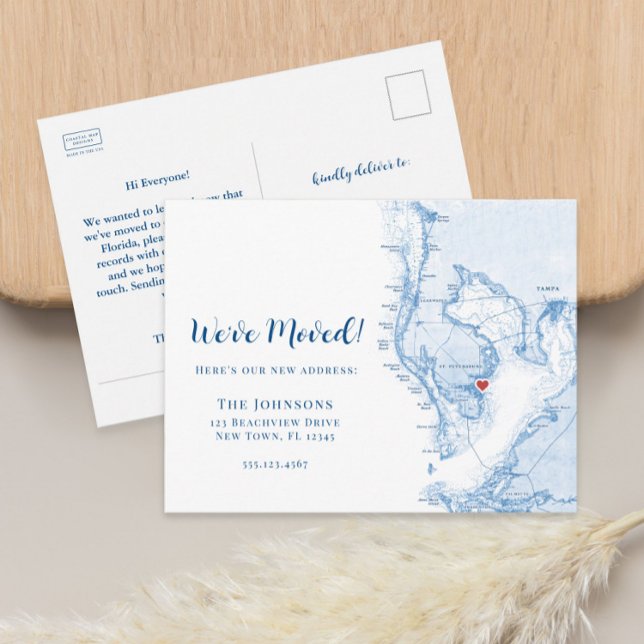 Ny Hem St. Pete Florida Karta Flyttar Meddelande Vykort (Tampa Bay Florida new home moving announcement postcard with heart over St. Petersburg)