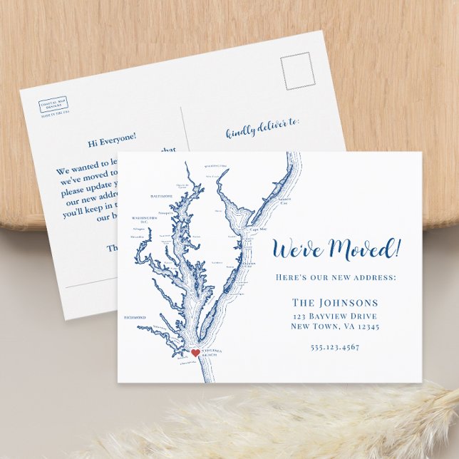 Ny hem Virginia Beach Karta Flyttar Meddelande Vykort (Virginia Beach Change of Address Moving Announcement Postcard with Chesapeake Bay Map)
