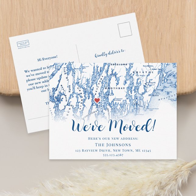 Ny Hem Westport Maine Karta Flyttningsmeddelande Meddelande Vykort (Westport Maine Map Moving Announcement Penobscot Bay Change of address postcard Coastal Map Designs)