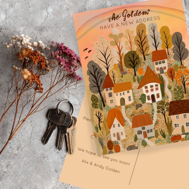 Ny hemadress Flyttar Höst Land By Konst Vykort (New Home Address Moving Autumn Country Village Art Postcard
)