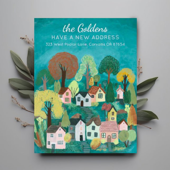 Ny hemadress Flyttar Söt Landsbygd By Gård Konst Vykort (Moving announcement address change custom postcard with cute charming village illustration. )