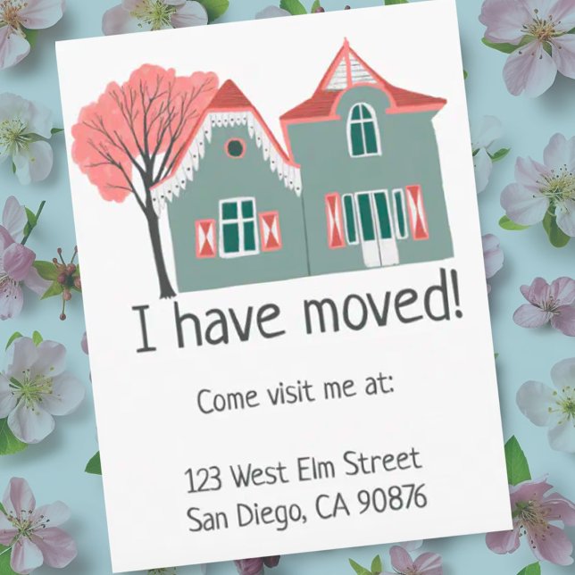Ny hemadress Flyttmeddelande Sött hus Vykort (Change of address moving announcement card with a cute house drawing. Customize with your text)