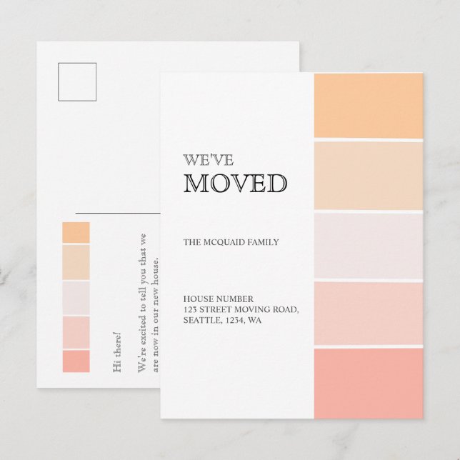 Ny hemadress rosafärgad persika tillkännagivande meddelande vykort (Fram/baksida)