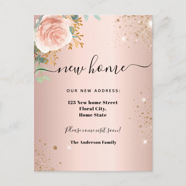 Ny hemadress rose gold blommig eukalyptus meddelande vykort (Framsida)