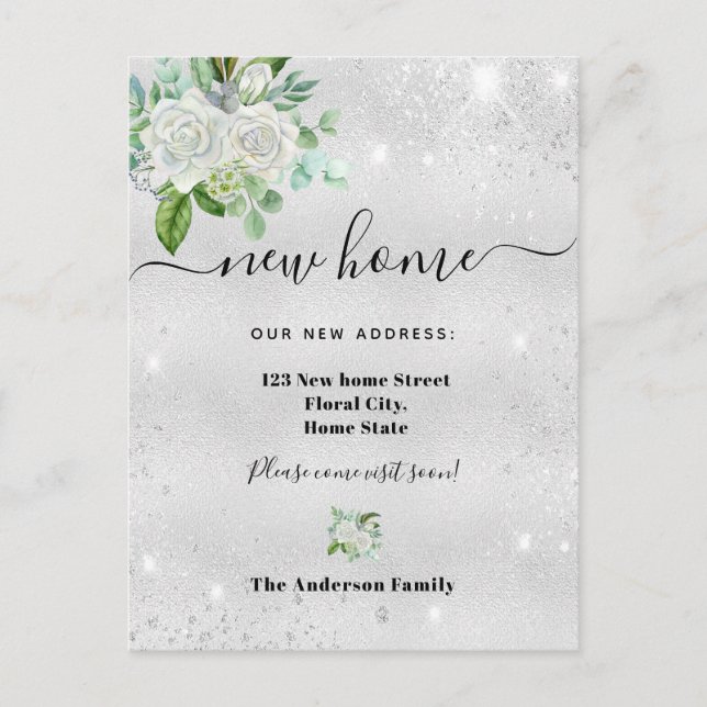 Ny hemadress silverblommig glitterdamm meddelande vykort (Framsida)