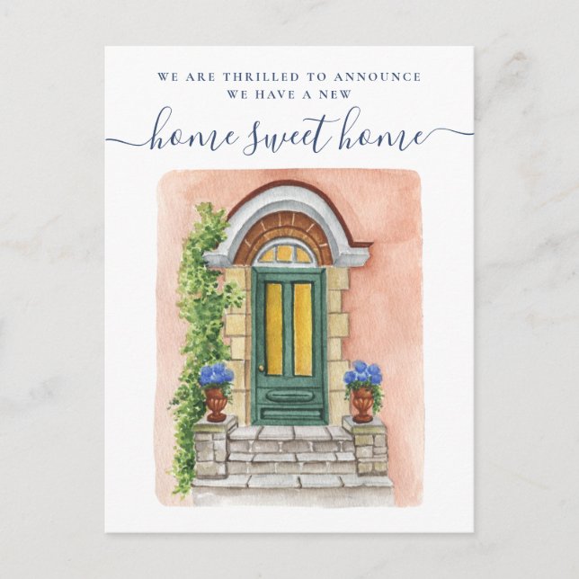Ny hemma söta hemma främre dörr flyttande meddelan vykort (Framsida)