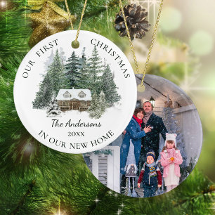 Ny hemmafamiljs fotopat Rustic Gräs Cabin-jul Julgransprydnad Keramik