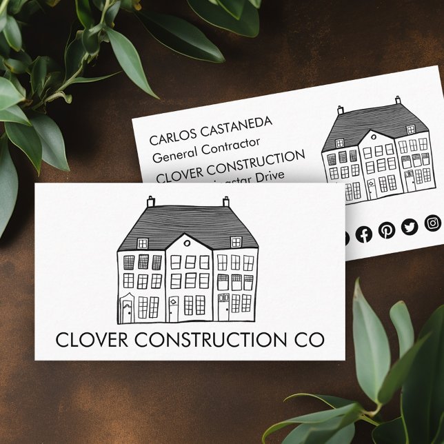 Ny hemmodern byggentreprenadenhet visitkort (New Home Modern Construction Contractor Remodel Business Card
Social Media Icons)