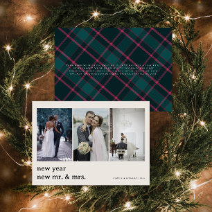 Ny herr och fru   Grön och rosa Tartan bröllop Julkort