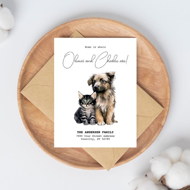 Ny Hund för  i hemmet Adress - Flytta Meddelande Vykort (New Home Address Cat Dog Watercolor Moving Announcement Postcard)