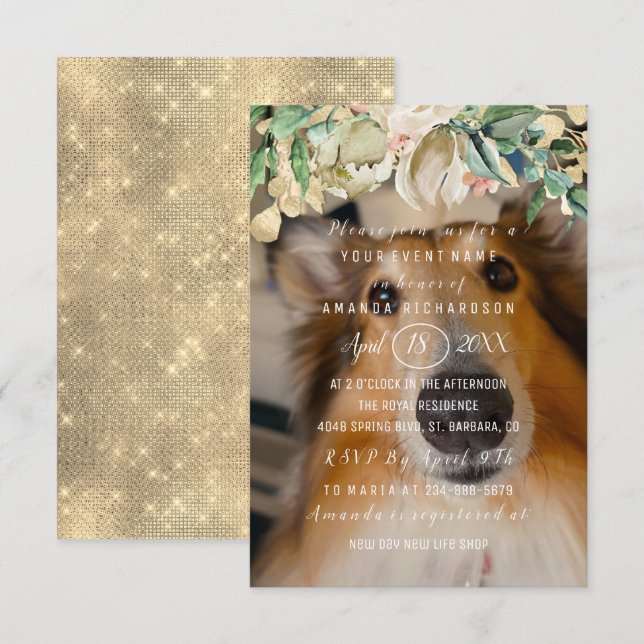 Ny hundfoto med blommor Brunch Gnista Guld Inbjudningar (Fram/baksida)