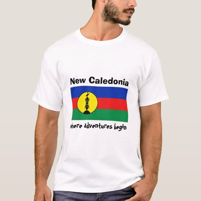 Ny Kaledonien Flagga + Karta + Text T-Shirt (Framsida)